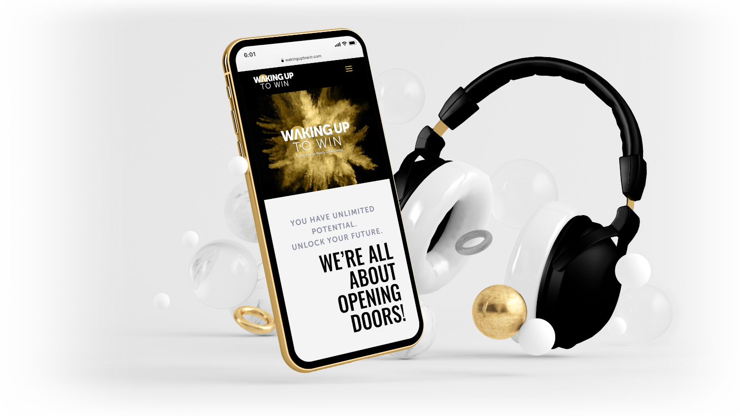 Image of cell phone and headphones showing Waking Up to Win page